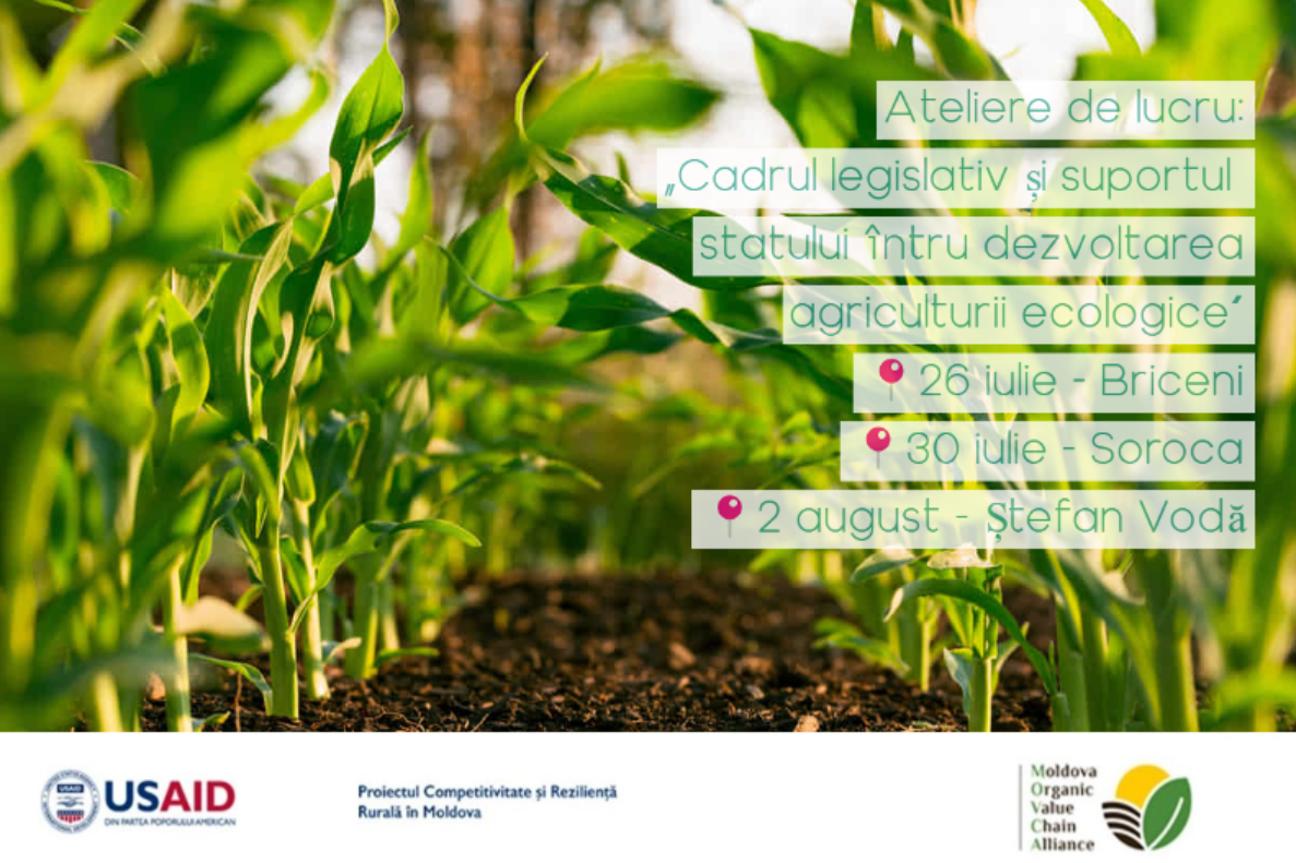 Asociația MOVCA în parteneriat cu MAIA și Proiectul Competitivitate și Reziliență Rurală în Moldova va organiza o serie de ateliere de lucru destinate cadrului legislativ și suportului statului pentru dezvoltarea agriculturii ecologice